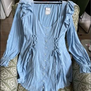 NWT Free People XL In the Mood for Frills baby blue long sleeve mini dress